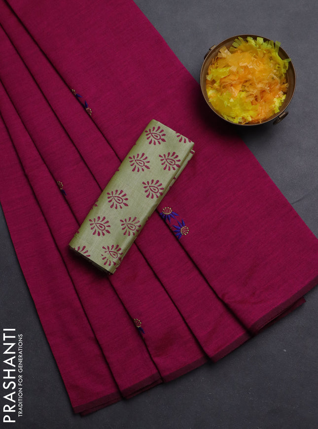 Semi silk cotton saree magenta pink and pista green with embroided buttas in borderless style