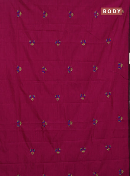 Semi silk cotton saree magenta pink and pista green with embroided buttas in borderless style