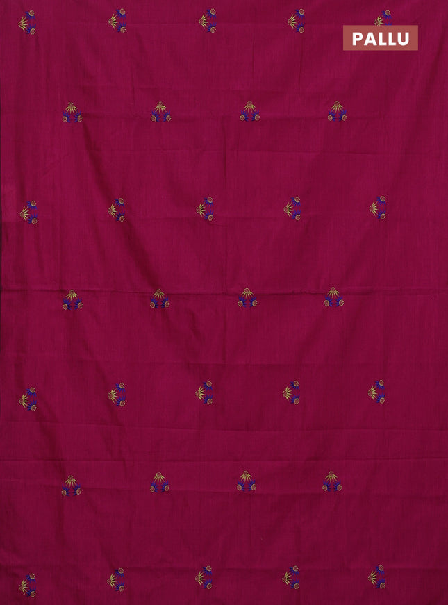 Semi silk cotton saree magenta pink and pista green with embroided buttas in borderless style