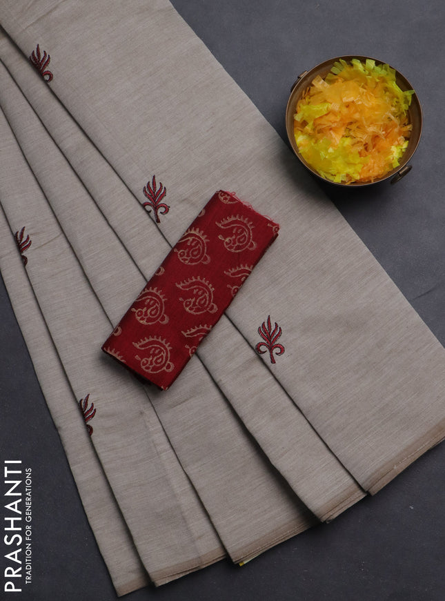 Semi silk cotton saree beige and maroon with embroided buttas in borderless style