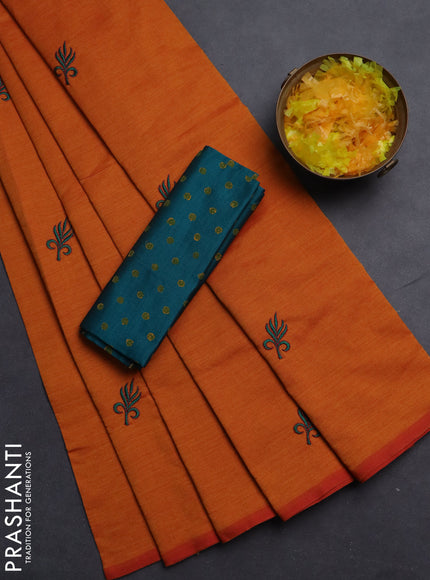 Semi silk cotton saree sunset orange and peacock green with embroided buttas in borderless style