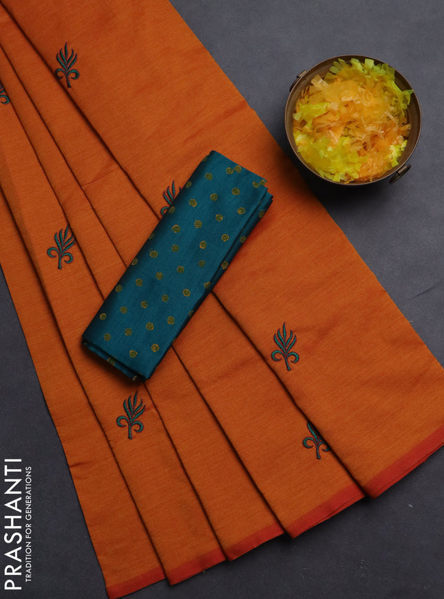 Semi silk cotton saree sunset orange and peacock green with embroided buttas in borderless style