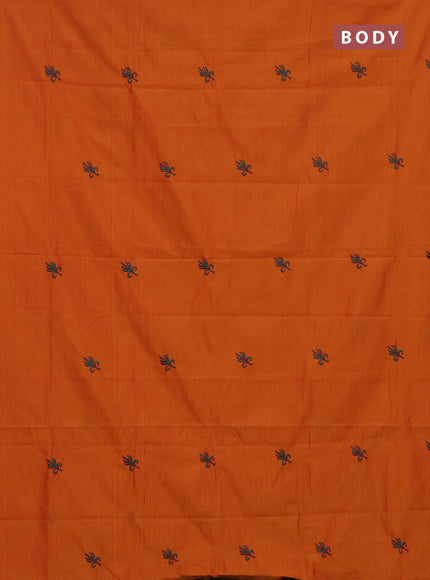 Semi silk cotton saree sunset orange and peacock green with embroided buttas in borderless style