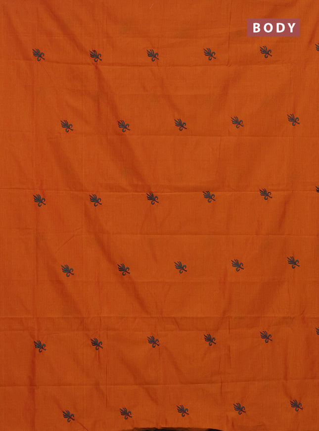 Semi silk cotton saree sunset orange and peacock green with embroided buttas in borderless style