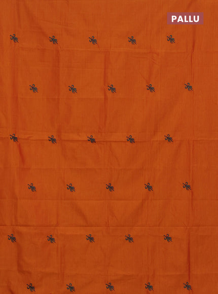 Semi silk cotton saree sunset orange and peacock green with embroided buttas in borderless style