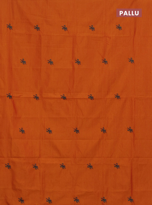 Semi silk cotton saree sunset orange and peacock green with embroided buttas in borderless style