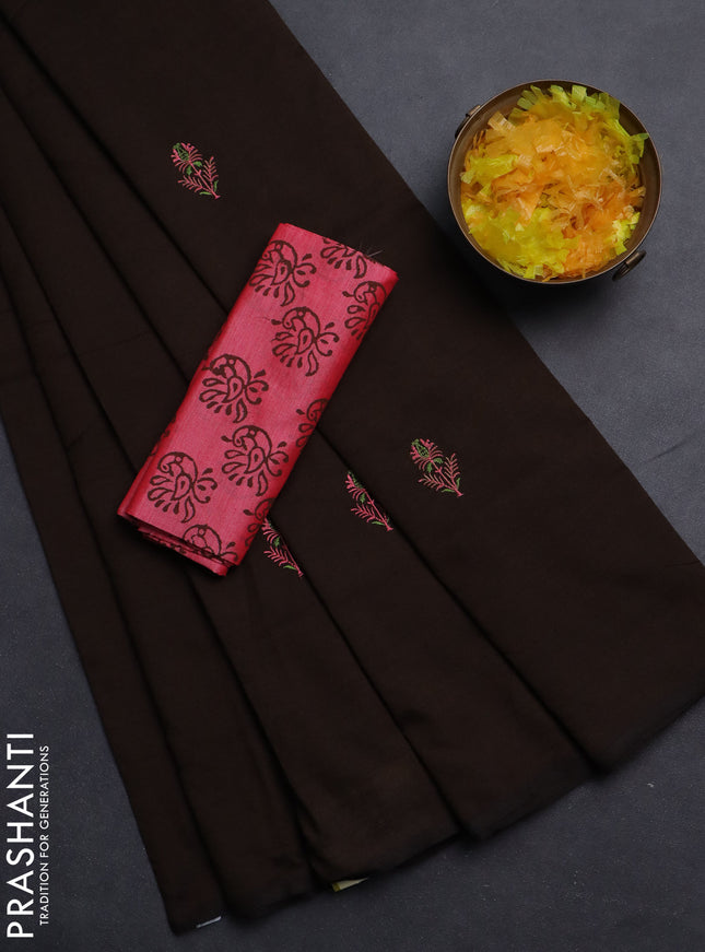 Semi silk cotton saree coffee brown and peach pink with embroided buttas in borderless style