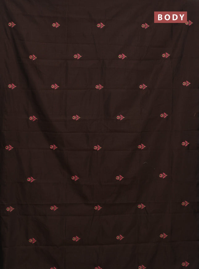 Semi silk cotton saree coffee brown and peach pink with embroided buttas in borderless style