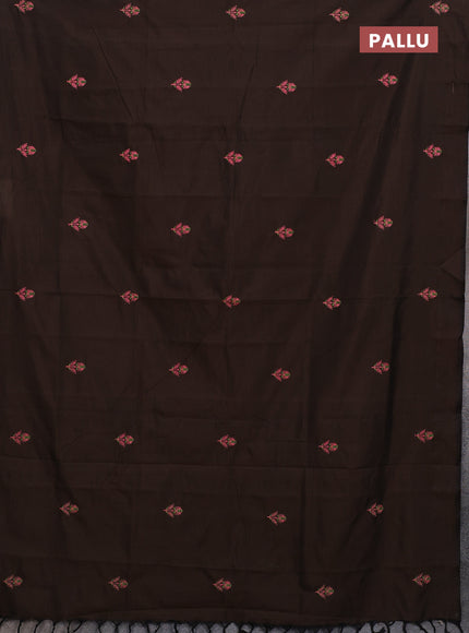 Semi silk cotton saree coffee brown and peach pink with embroided buttas in borderless style