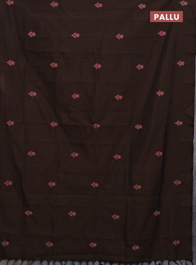 Semi silk cotton saree coffee brown and peach pink with embroided buttas in borderless style