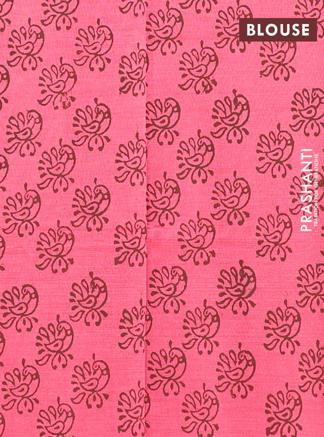 Semi silk cotton saree coffee brown and peach pink with embroided buttas in borderless style