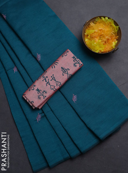 Semi silk cotton saree peacock green and pastel pink with embroided buttas in borderless style