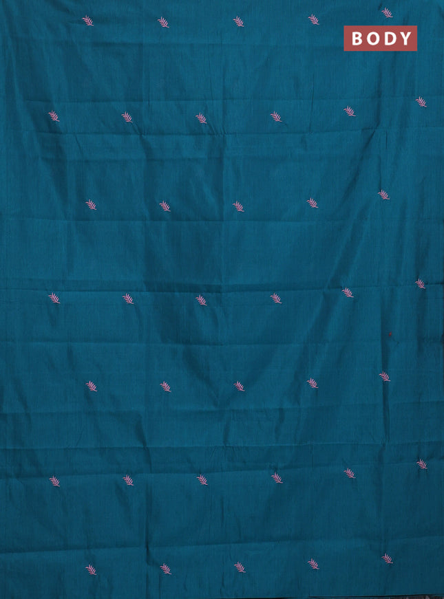 Semi silk cotton saree peacock green and pastel pink with embroided buttas in borderless style
