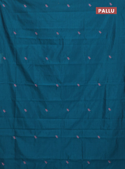 Semi silk cotton saree peacock green and pastel pink with embroided buttas in borderless style