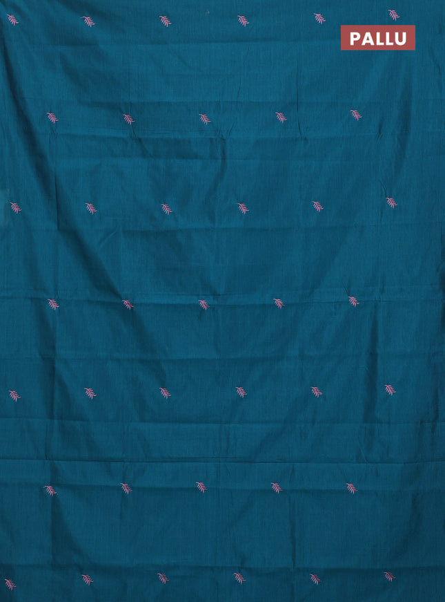 Semi silk cotton saree peacock green and pastel pink with embroided buttas in borderless style