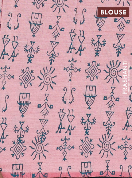 Semi silk cotton saree peacock green and pastel pink with embroided buttas in borderless style