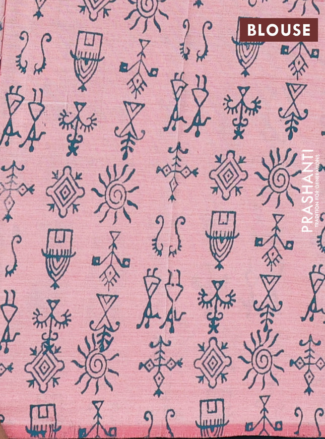 Semi silk cotton saree peacock green and pastel pink with embroided buttas in borderless style