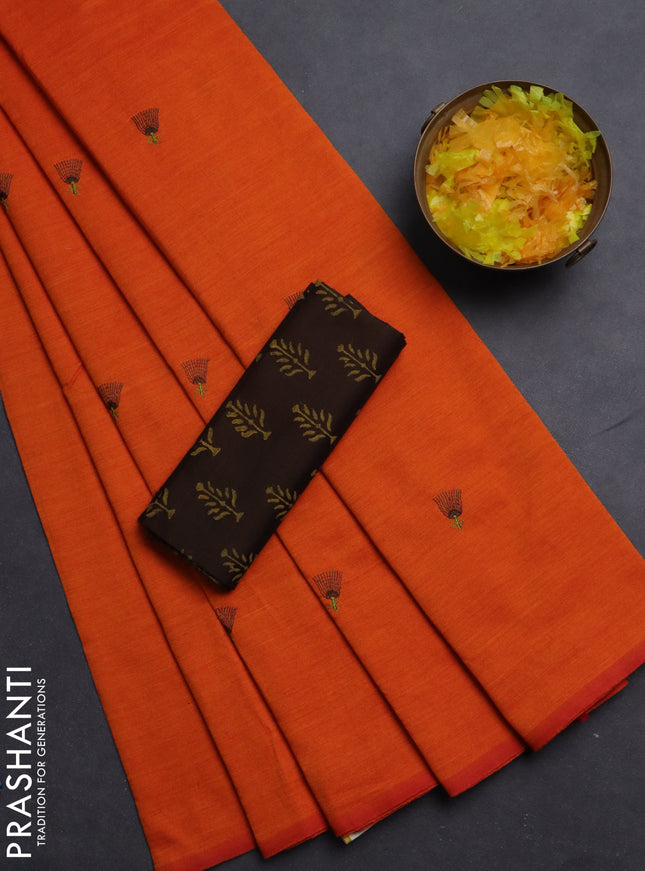 Semi silk cotton saree orange and deep coffee brown with embroided buttas in borderless style