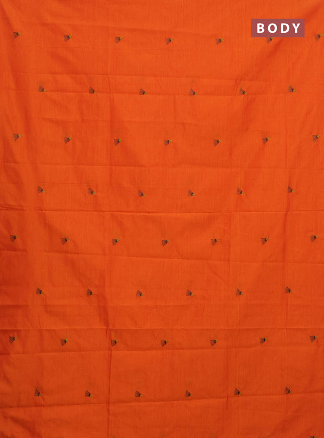 Semi silk cotton saree orange and deep coffee brown with embroided buttas in borderless style