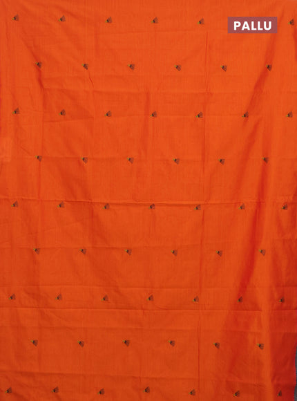 Semi silk cotton saree orange and deep coffee brown with embroided buttas in borderless style