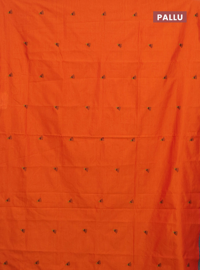 Semi silk cotton saree orange and deep coffee brown with embroided buttas in borderless style
