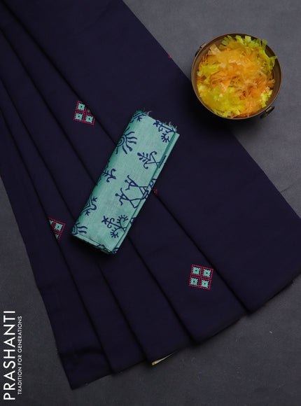 Semi silk cotton saree navy blue and teal shade with embroided buttas in borderless style