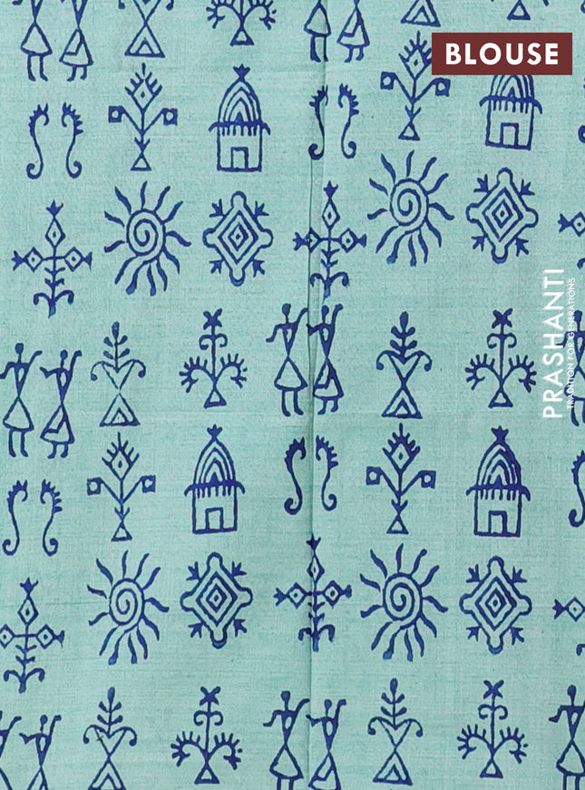 Semi silk cotton saree navy blue and teal shade with embroided buttas in borderless style