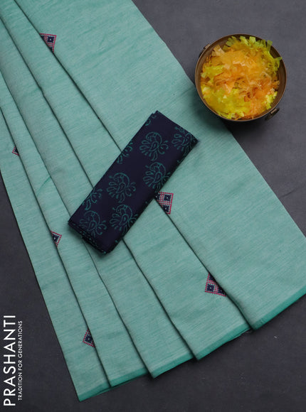 Semi silk cotton saree teal green and navy blue with embroided buttas in borderless style