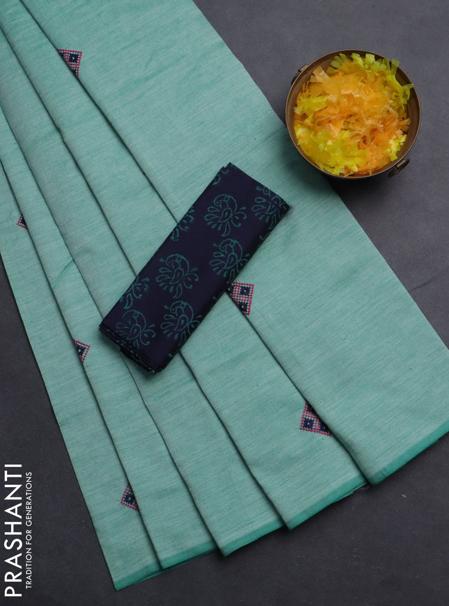 Semi silk cotton saree teal green and navy blue with embroided buttas in borderless style