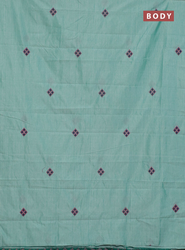 Semi silk cotton saree teal green and navy blue with embroided buttas in borderless style