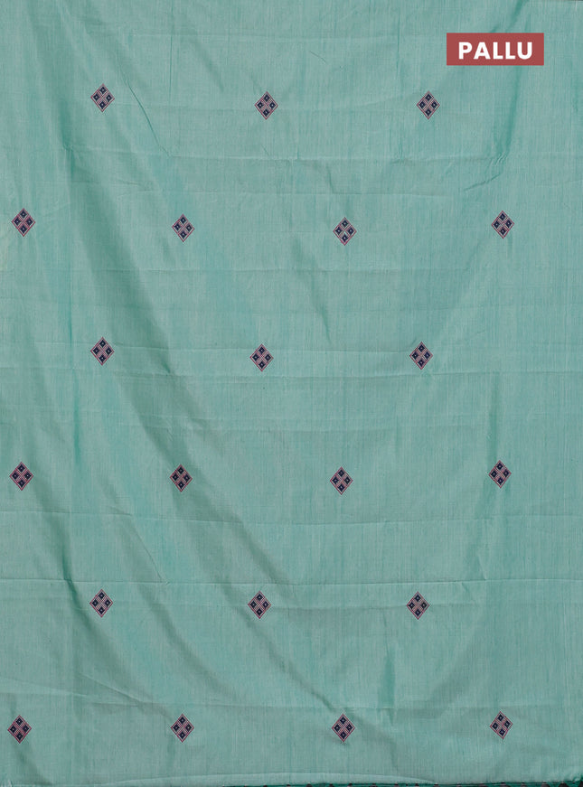 Semi silk cotton saree teal green and navy blue with embroided buttas in borderless style