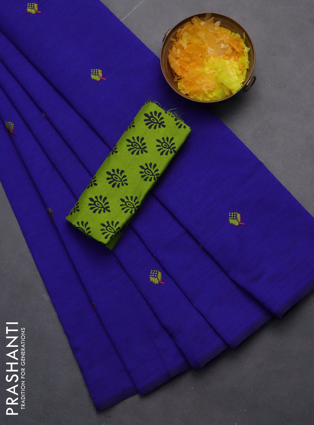 Semi silk cotton saree blue and light green with embroided buttas in borderless style