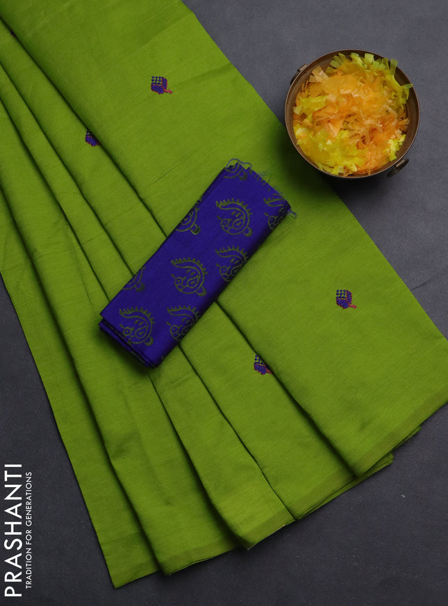 Semi silk cotton saree light green and blue with embroided buttas in borderless style
