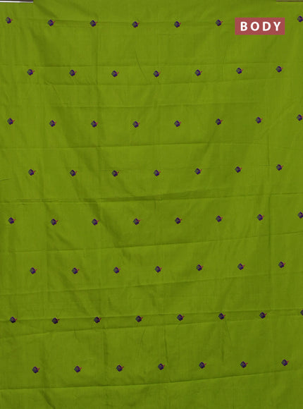 Semi silk cotton saree light green and blue with embroided buttas in borderless style