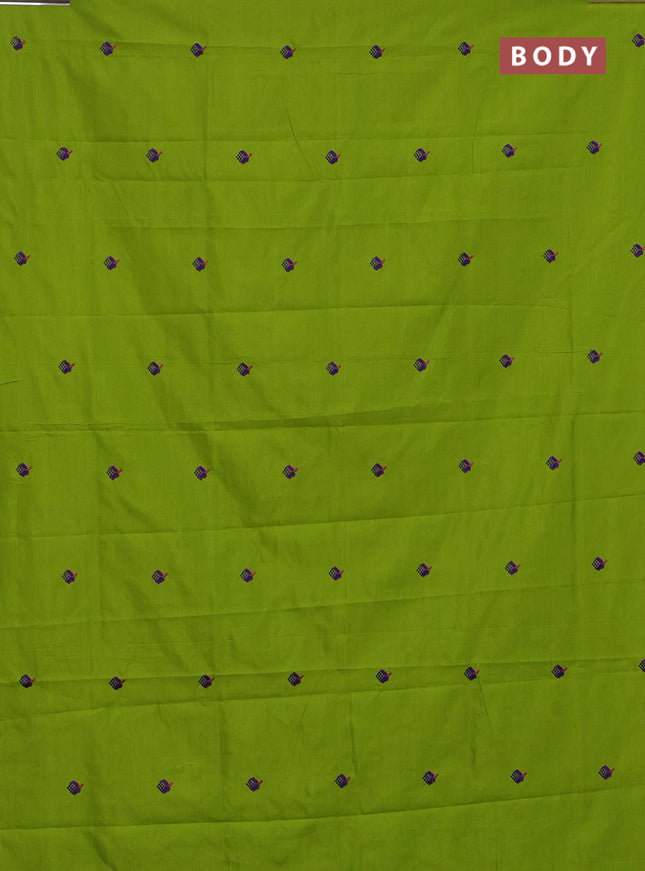 Semi silk cotton saree light green and blue with embroided buttas in borderless style