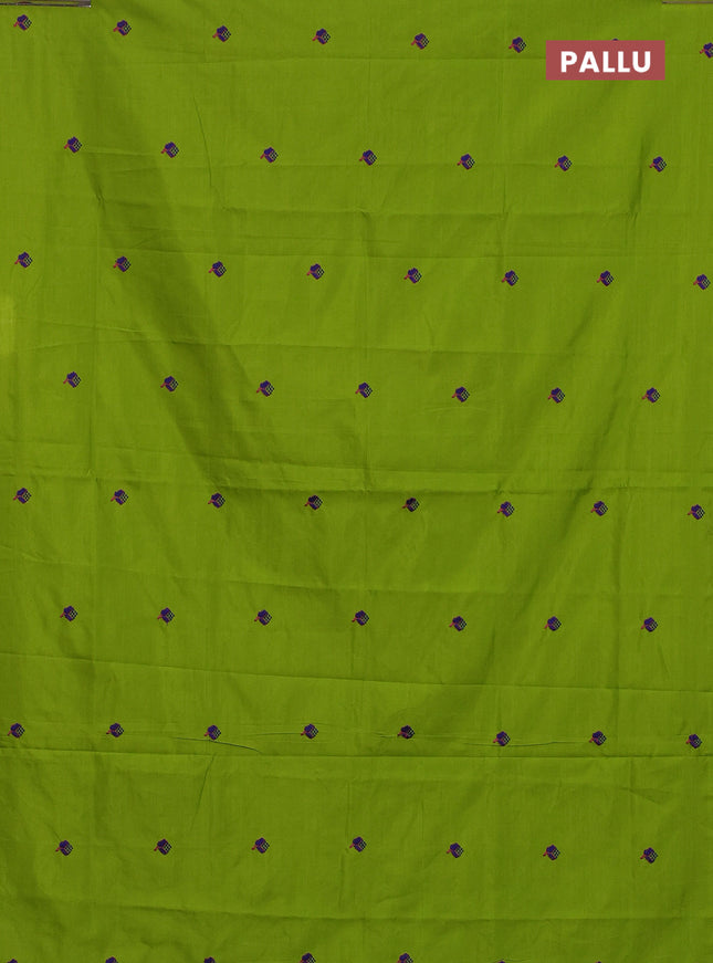 Semi silk cotton saree light green and blue with embroided buttas in borderless style
