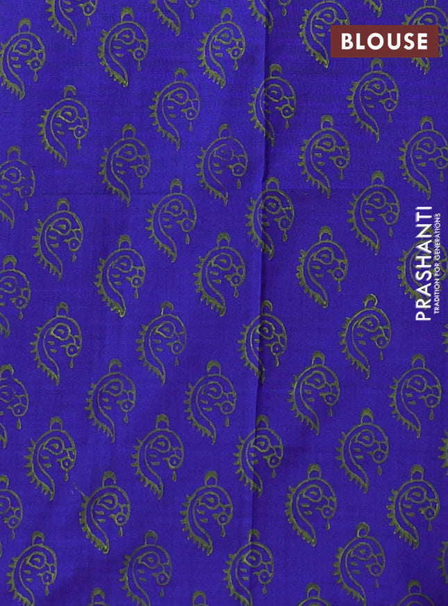 Semi silk cotton saree light green and blue with embroided buttas in borderless style