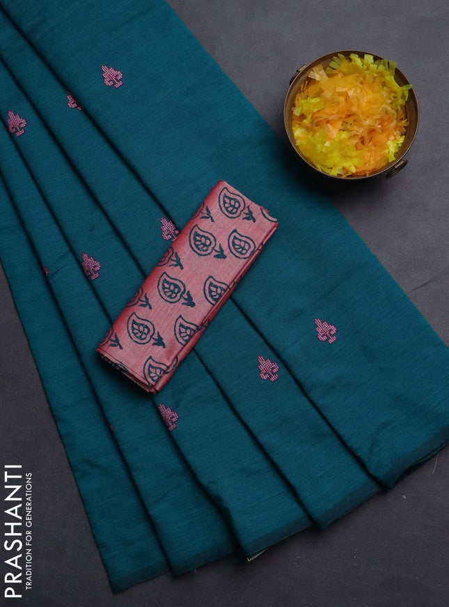 Semi silk cotton saree peacock green and pink shade with embroided buttas in borderless style