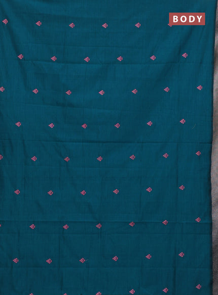 Semi silk cotton saree peacock green and pink shade with embroided buttas in borderless style