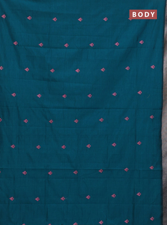Semi silk cotton saree peacock green and pink shade with embroided buttas in borderless style