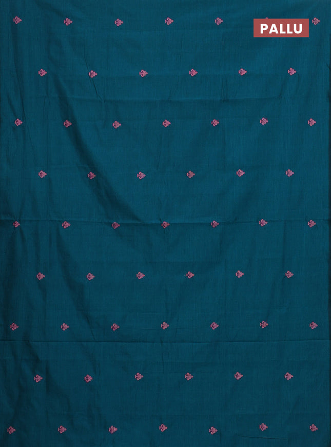 Semi silk cotton saree peacock green and pink shade with embroided buttas in borderless style