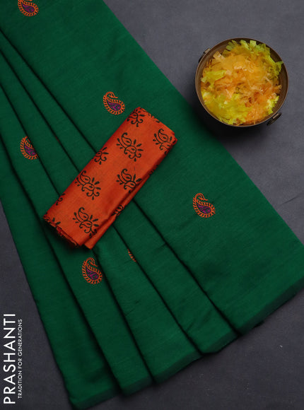 Semi silk cotton saree green and orange with embroided buttas in borderless style