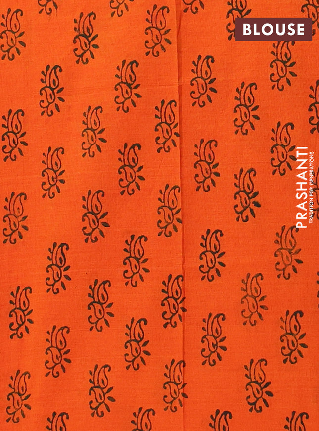 Semi silk cotton saree green and orange with embroided buttas in borderless style