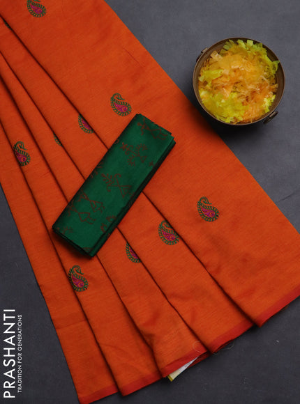 Semi silk cotton saree orange and green with embroided buttas in borderless style