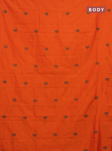 Semi silk cotton saree orange and green with embroided buttas in borderless style