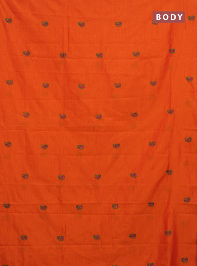 Semi silk cotton saree orange and green with embroided buttas in borderless style