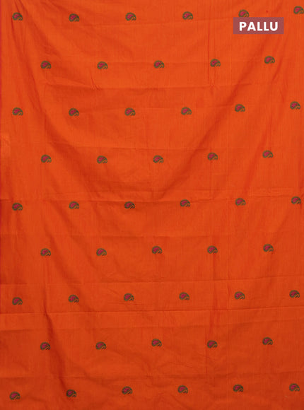 Semi silk cotton saree orange and green with embroided buttas in borderless style
