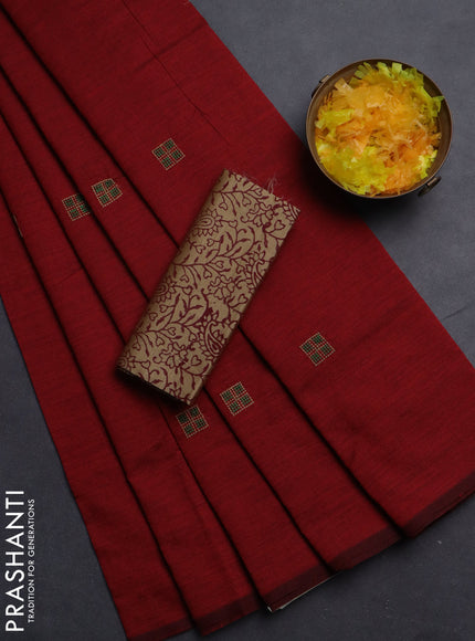 Semi silk cotton saree maroon and beige with embroided buttas in borderless style