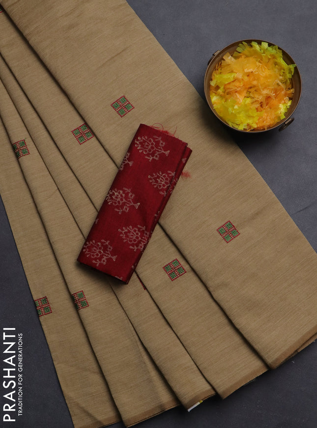 Semi silk cotton saree sandal and maroon with embroided buttas in borderless style