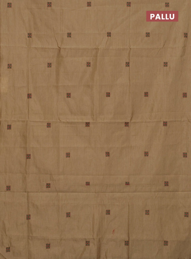 Semi silk cotton saree sandal and maroon with embroided buttas in borderless style